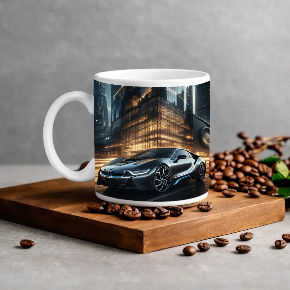 BMW i8 Parked Outside Futuristic Glass Skyscraper – Mugs