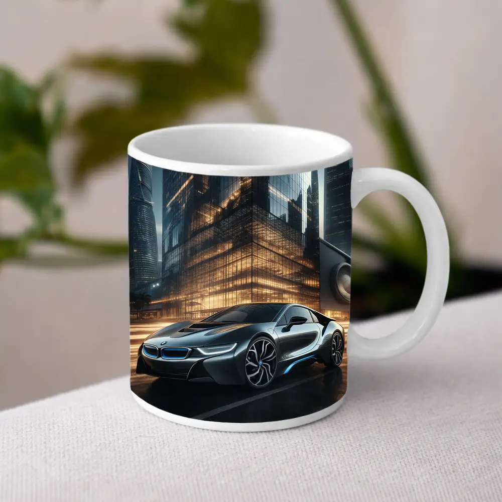 BMW i8 Parked Outside Futuristic Glass Skyscraper – Mugs