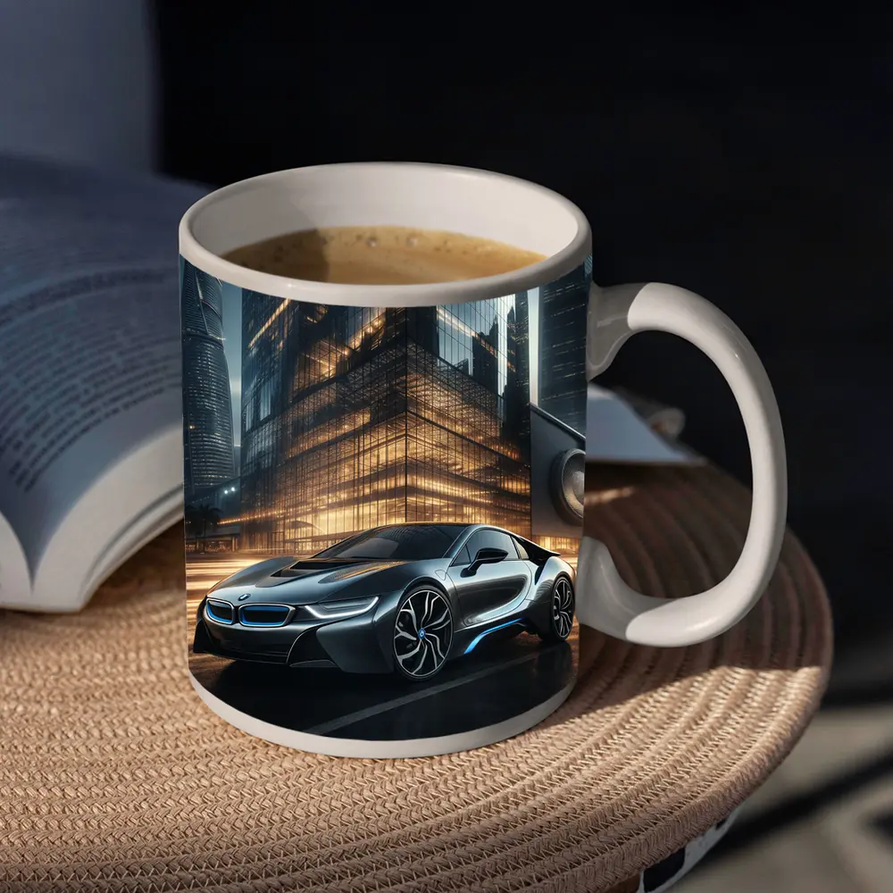 BMW i8 Parked Outside Futuristic Glass Skyscraper – Mugs
