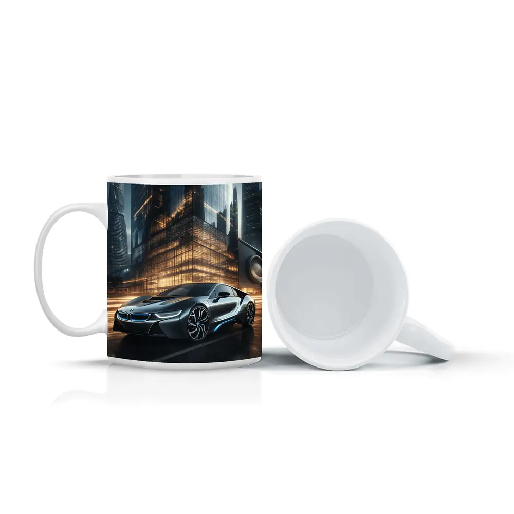 BMW i8 Parked Outside Futuristic Glass Skyscraper – Mugs