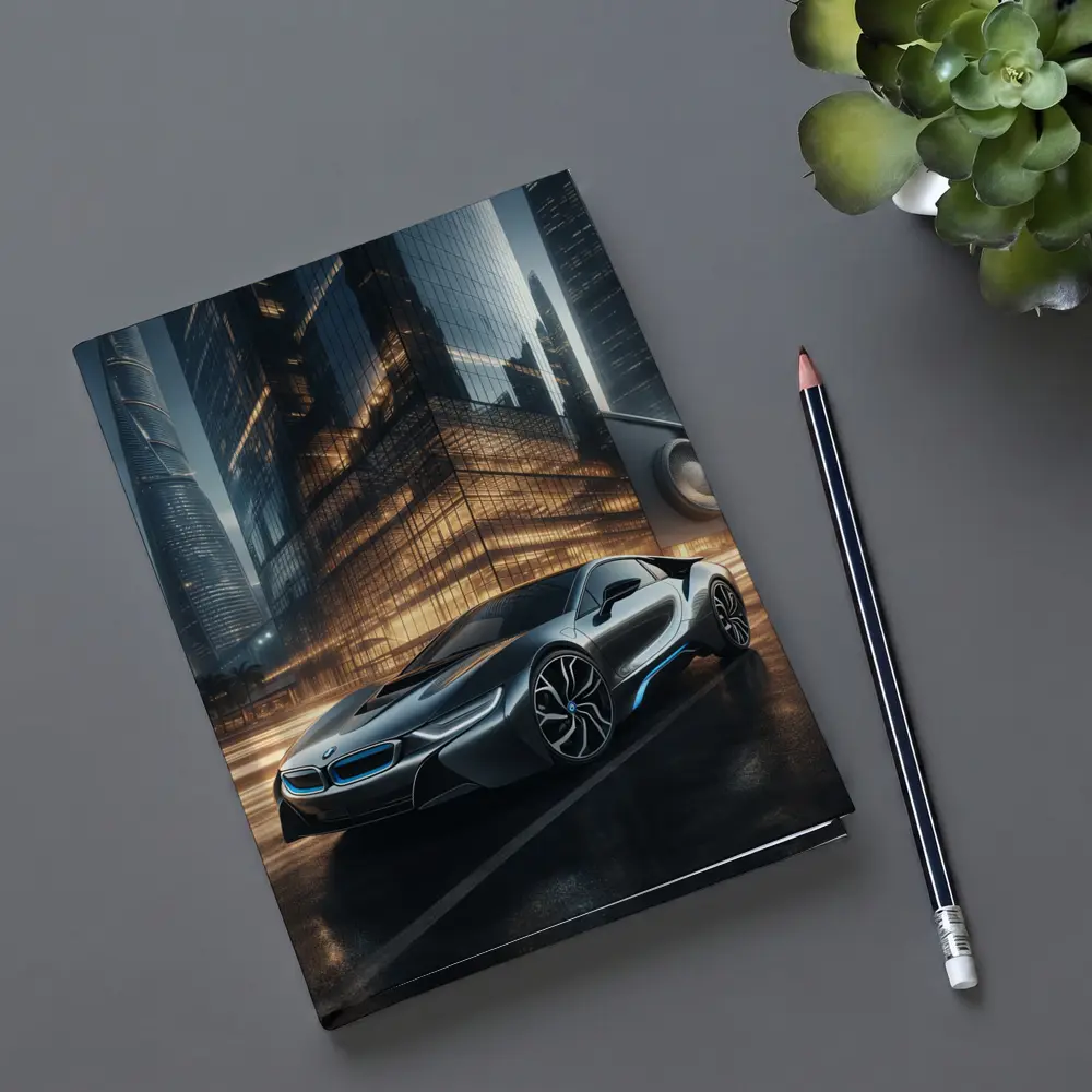 BMW i8 Parked Outside Futuristic Glass Skyscraper – Notebooks