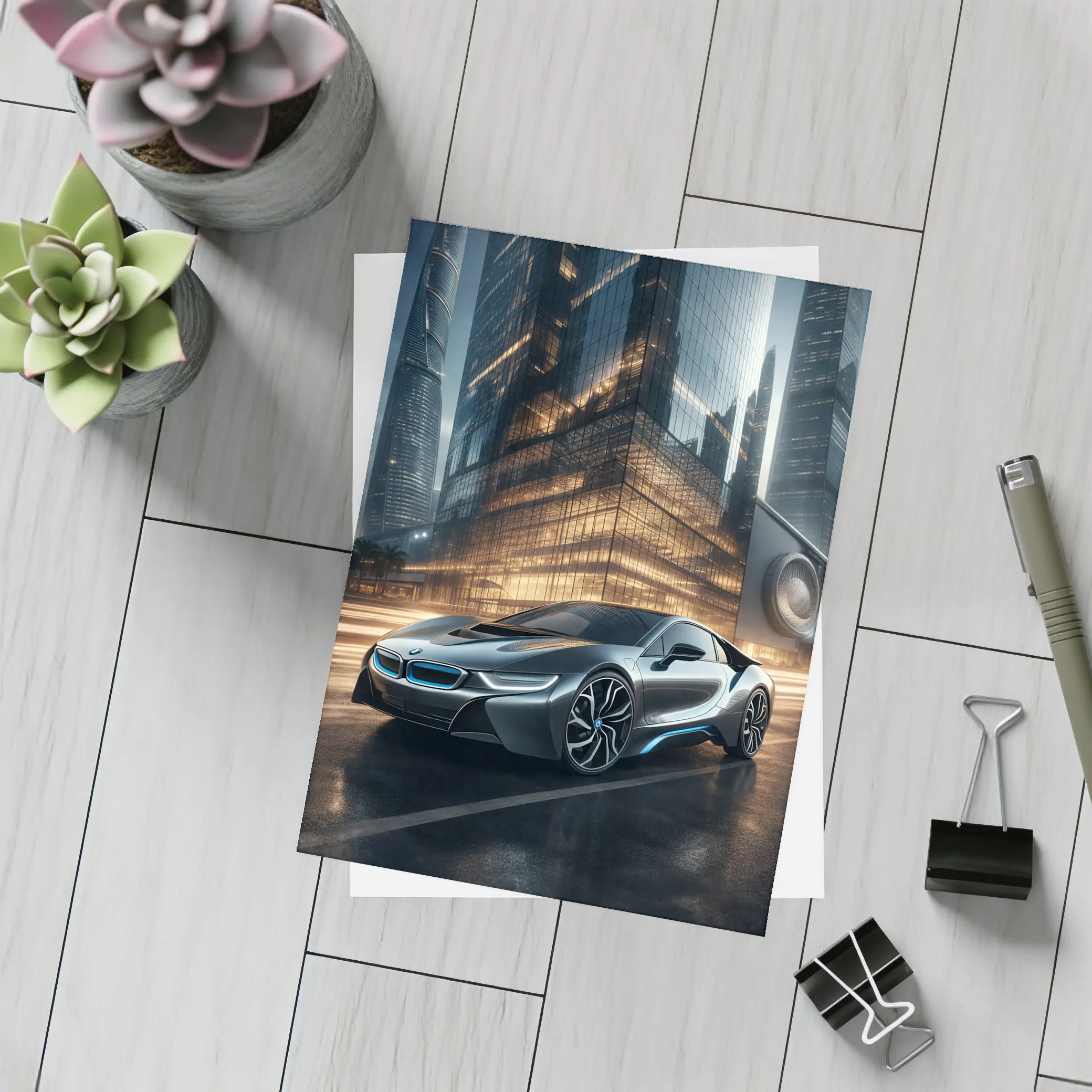 BMW i8 Parked Outside Futuristic Glass Skyscraper – Postcards