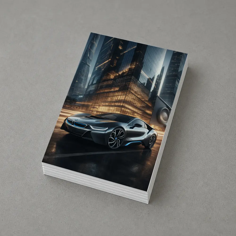 BMW i8 Parked Outside Futuristic Glass Skyscraper – Postcards
