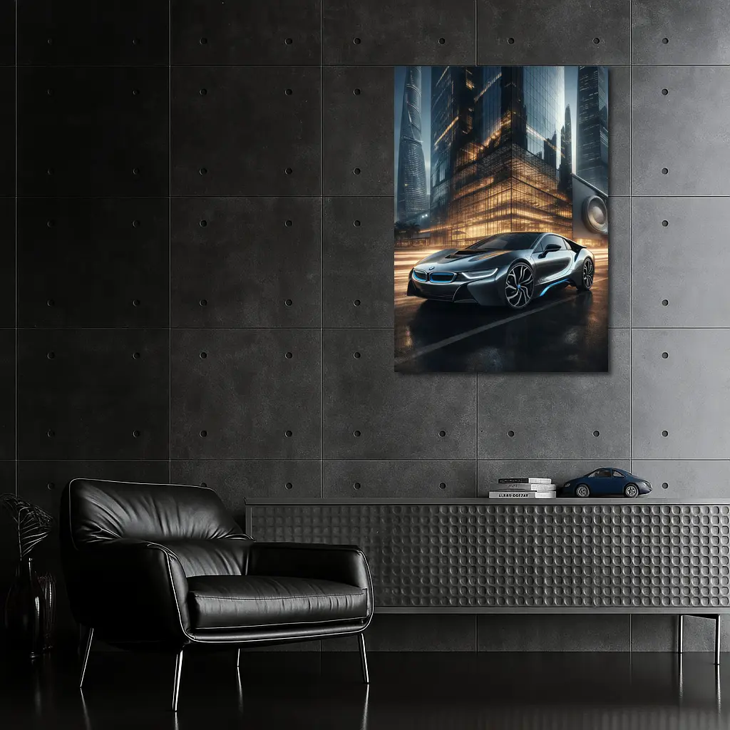 BMW i8 Parked Outside Futuristic Glass Skyscraper – Wall Art