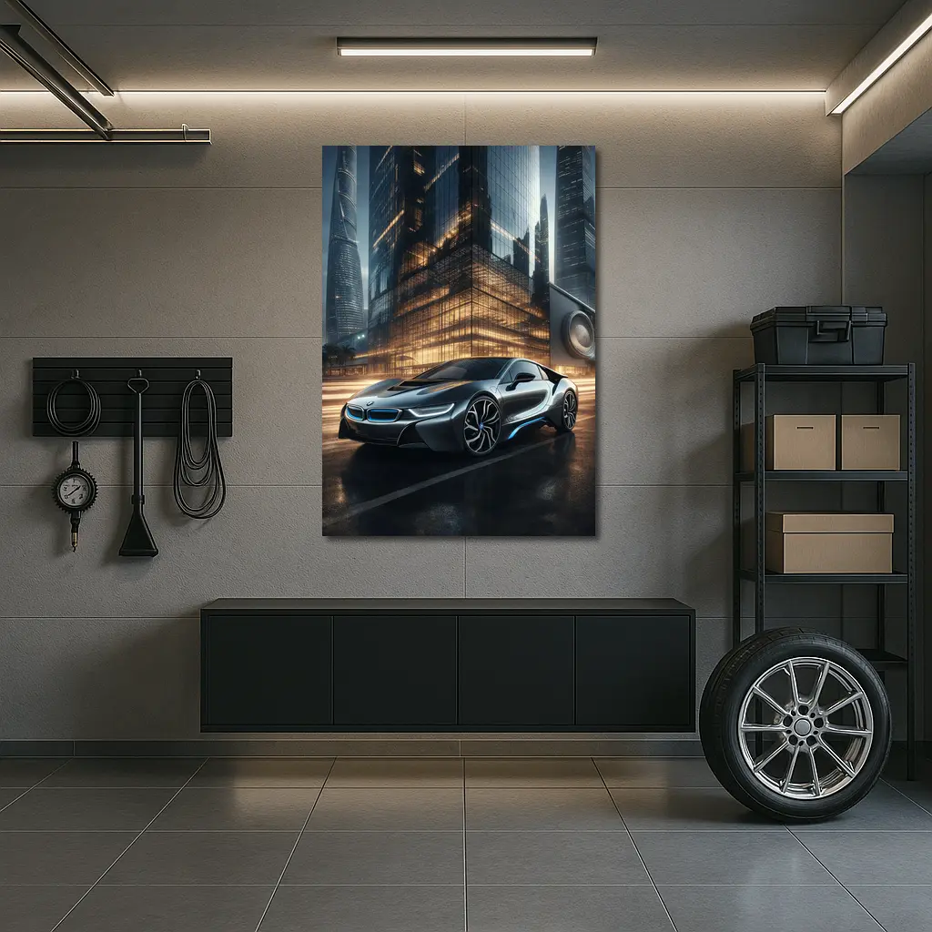 BMW i8 Parked Outside Futuristic Glass Skyscraper – Wall Art