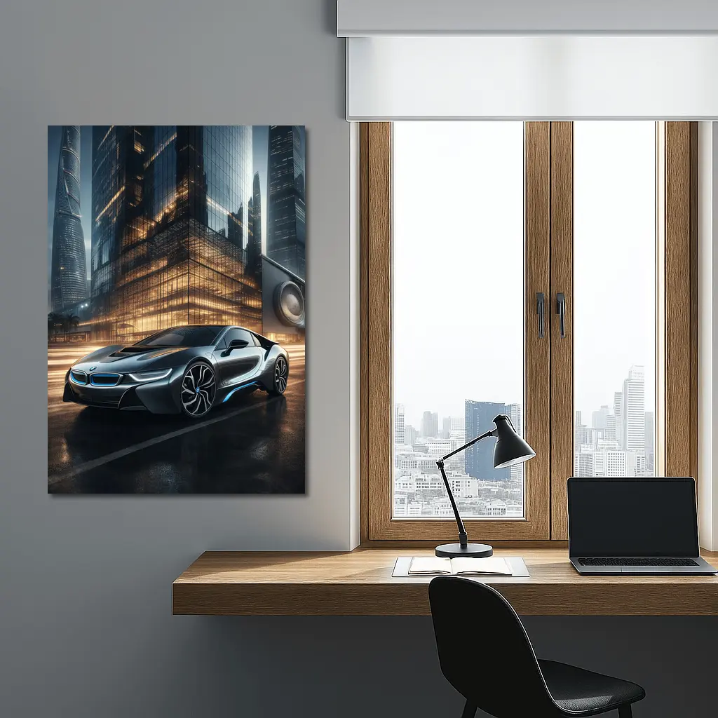 BMW i8 Parked Outside Futuristic Glass Skyscraper – Wall Art