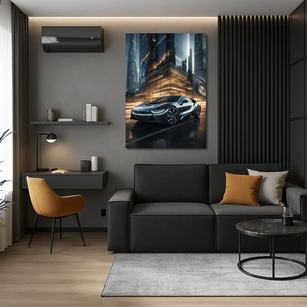 BMW i8 Parked Outside Futuristic Glass Skyscraper – Wall Art