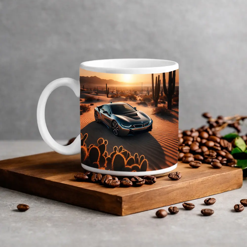BMW i8 Parked in Desert at Sunset – Mugs