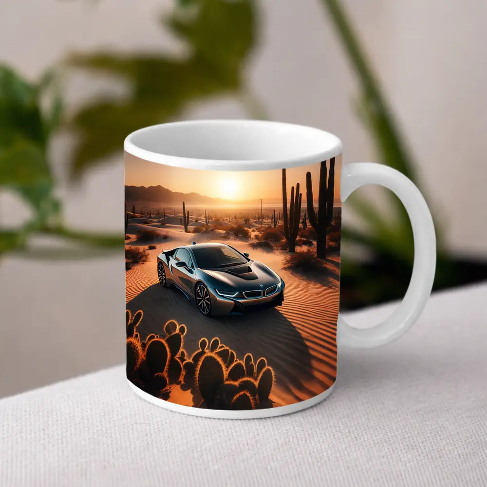 BMW i8 Parked in Desert at Sunset – Mugs