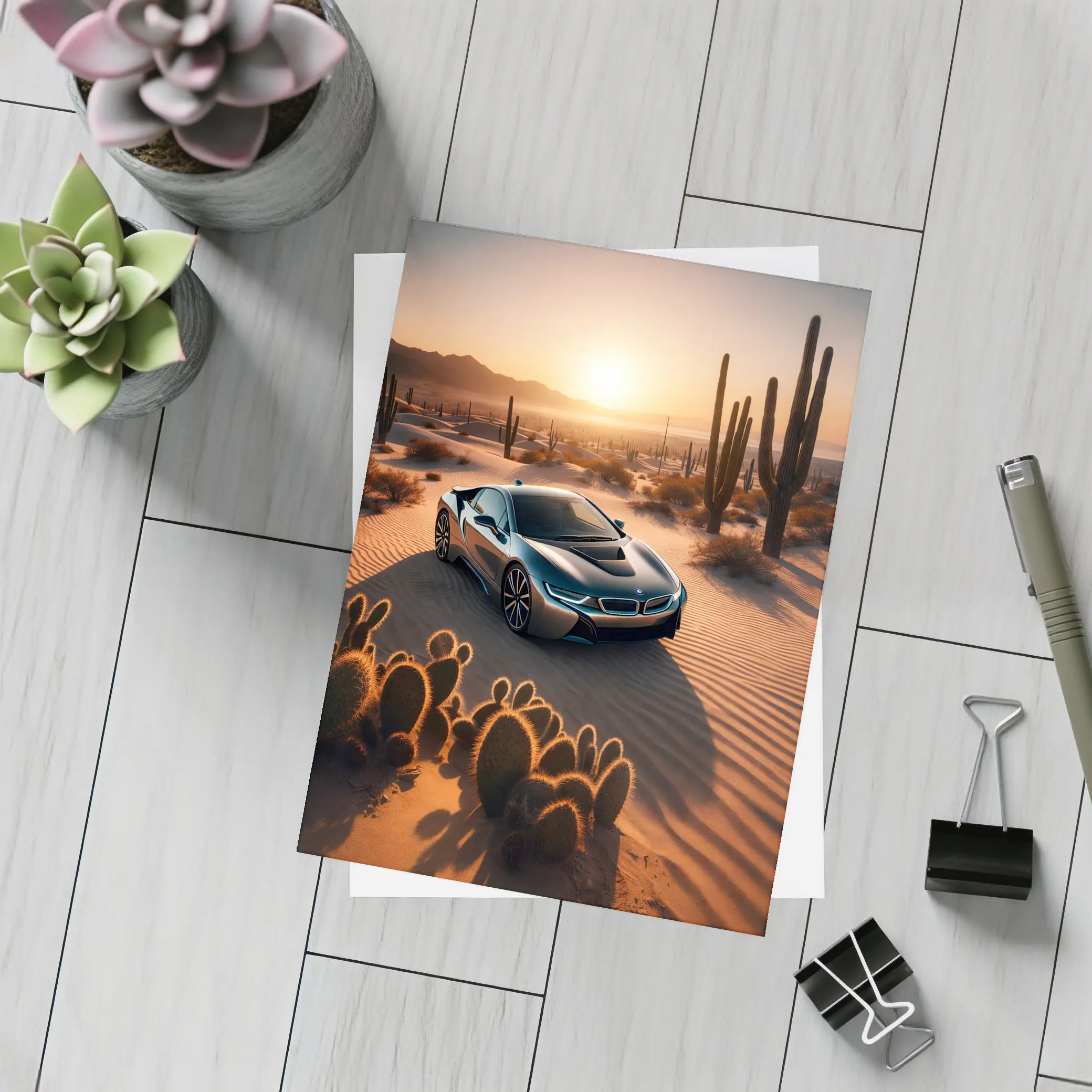 BMW i8 Parked in Desert at Sunset – Postcards