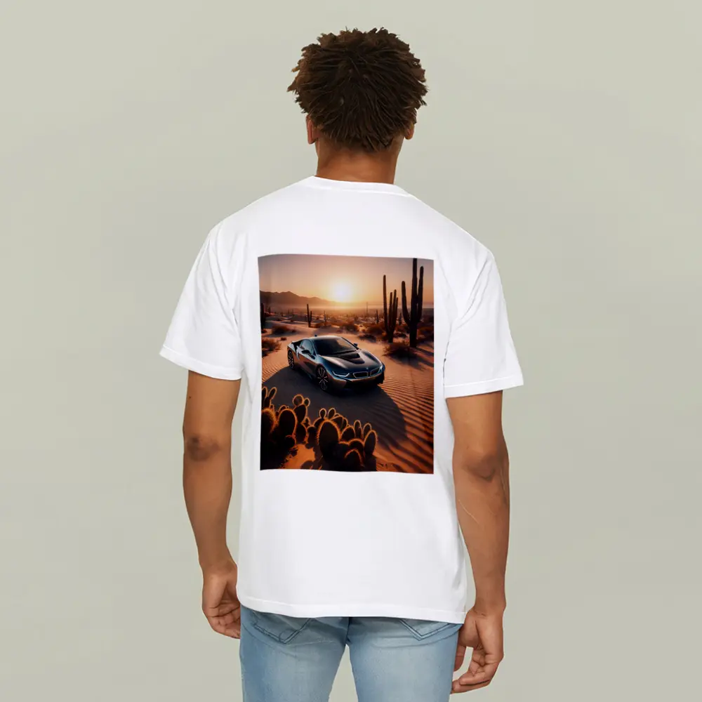BMW i8 Parked in Desert at Sunset – T-Shirts