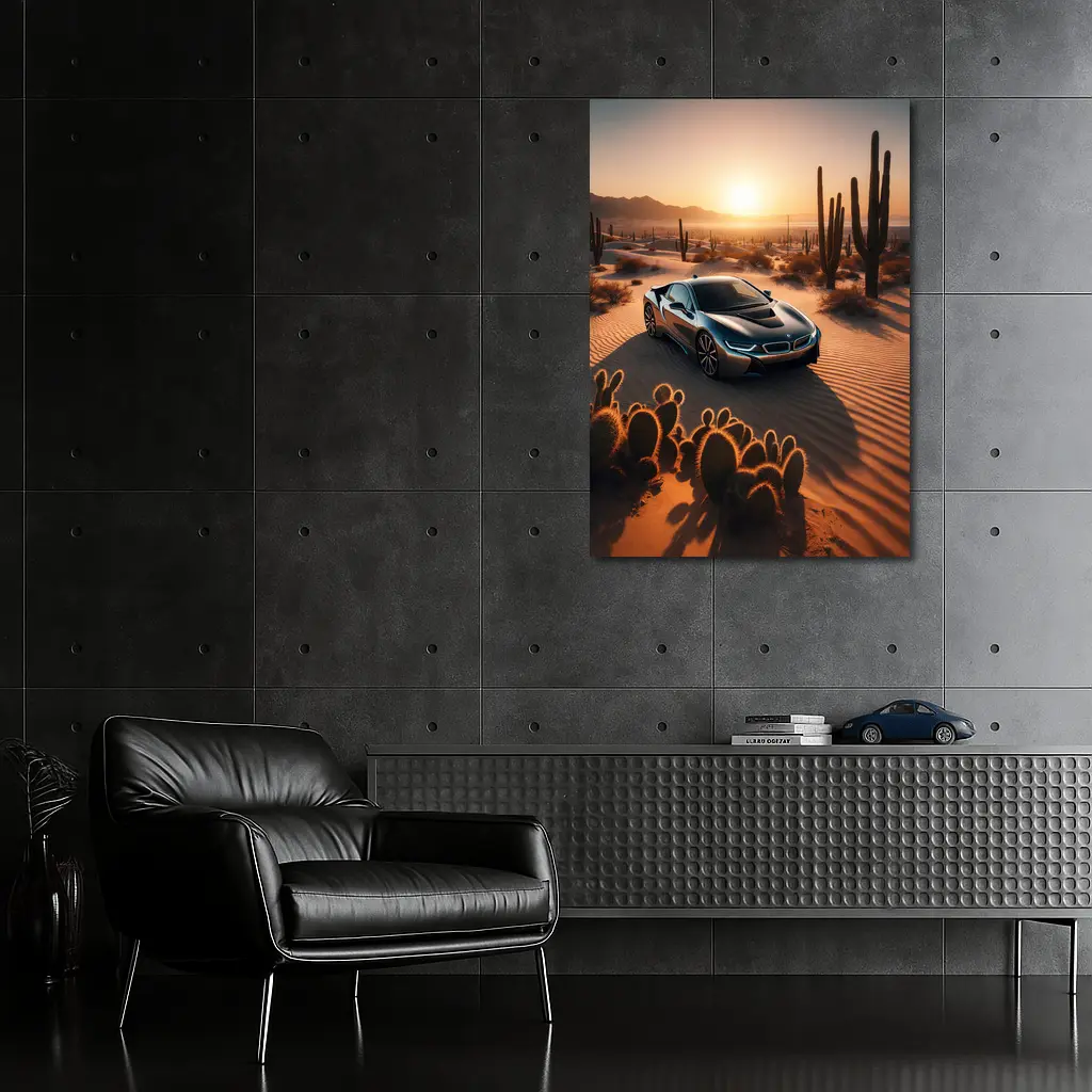 BMW i8 Parked in Desert at Sunset – Wall Art