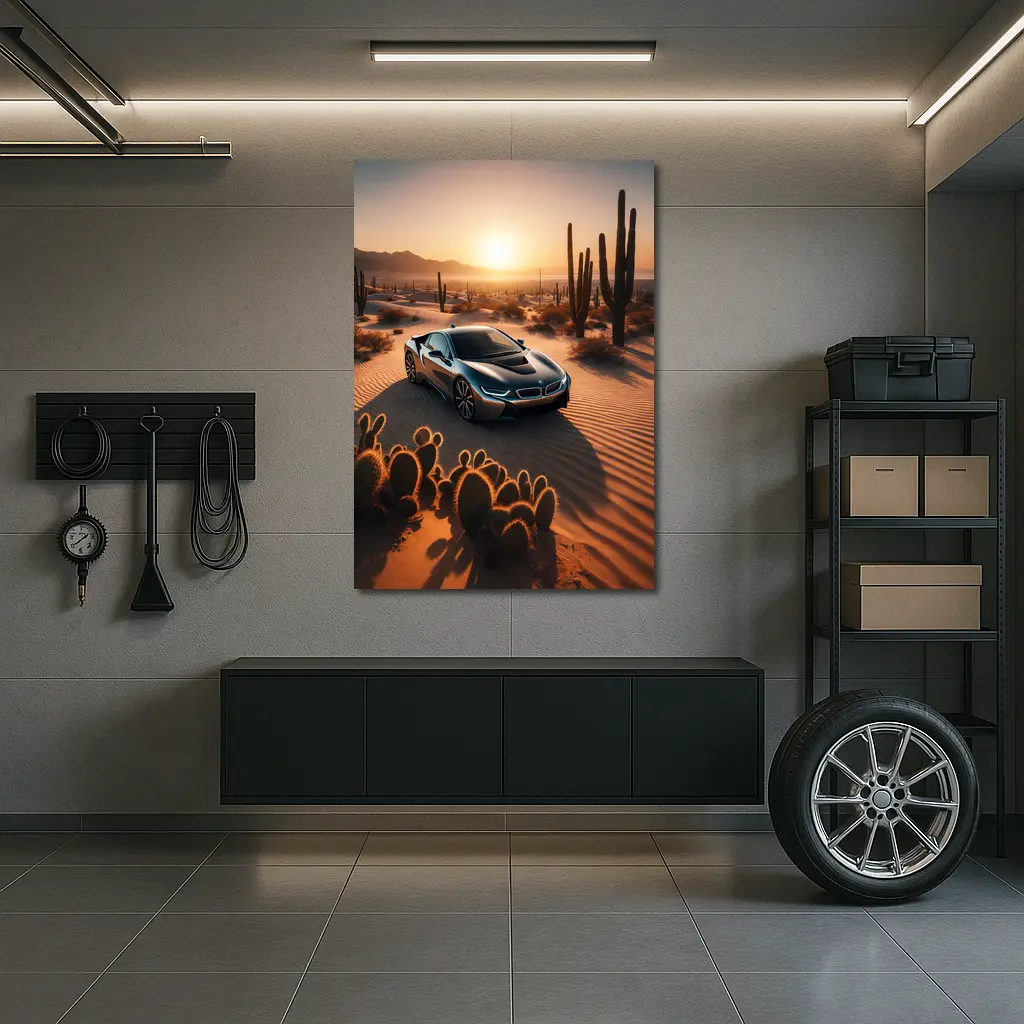 BMW i8 Parked in Desert at Sunset – Wall Art