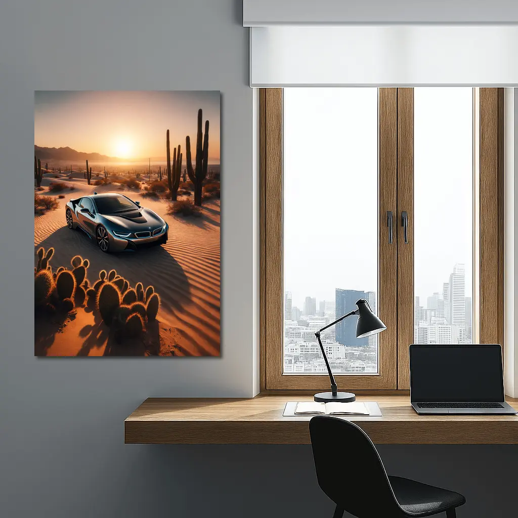 BMW i8 Parked in Desert at Sunset – Wall Art