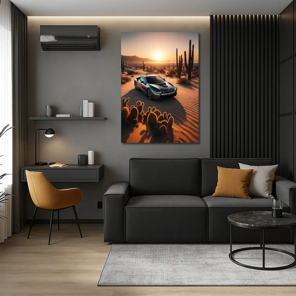 BMW i8 Parked in Desert at Sunset – Wall Art