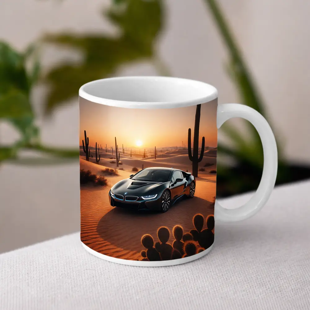 BMW i8 Parked in Desert at Sunset – Mugs