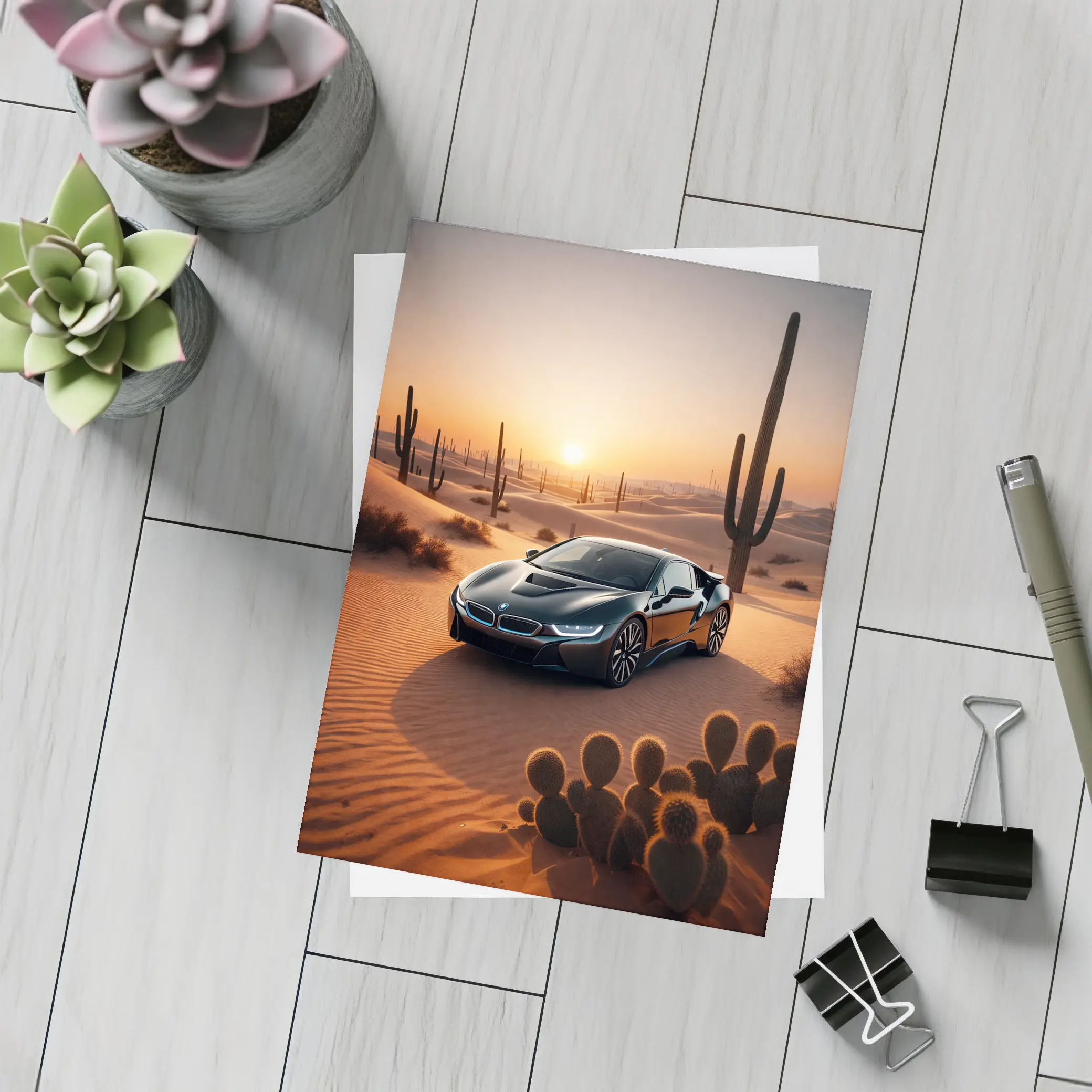 BMW i8 Parked in Desert at Sunset – Postcards