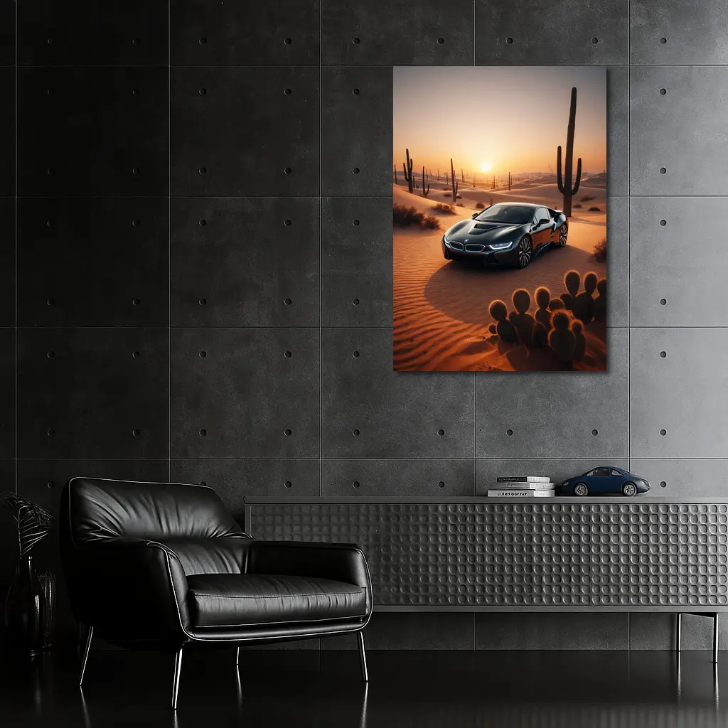 BMW i8 Parked in Desert at Sunset – Wall Art