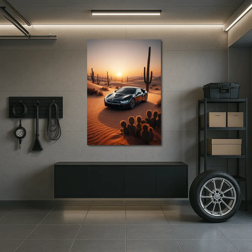 BMW i8 Parked in Desert at Sunset – Wall Art