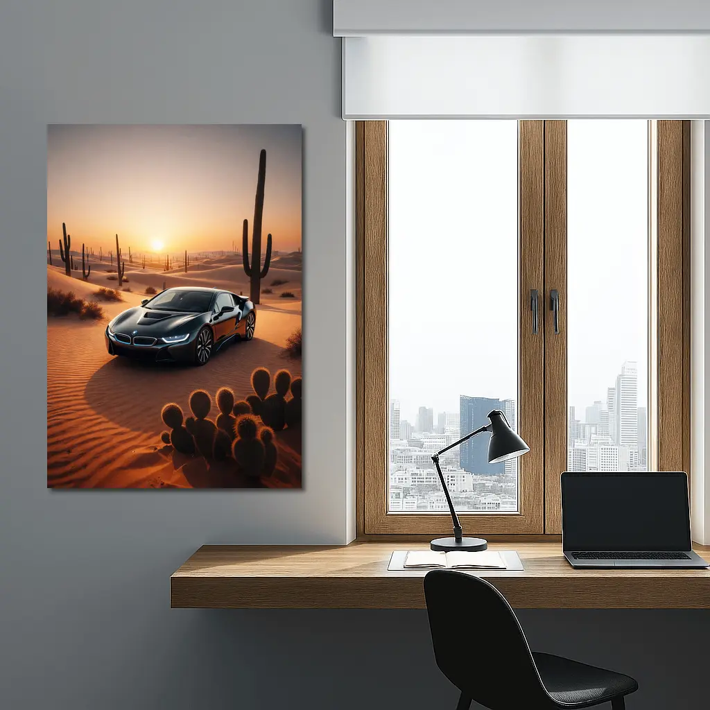 BMW i8 Parked in Desert at Sunset – Wall Art