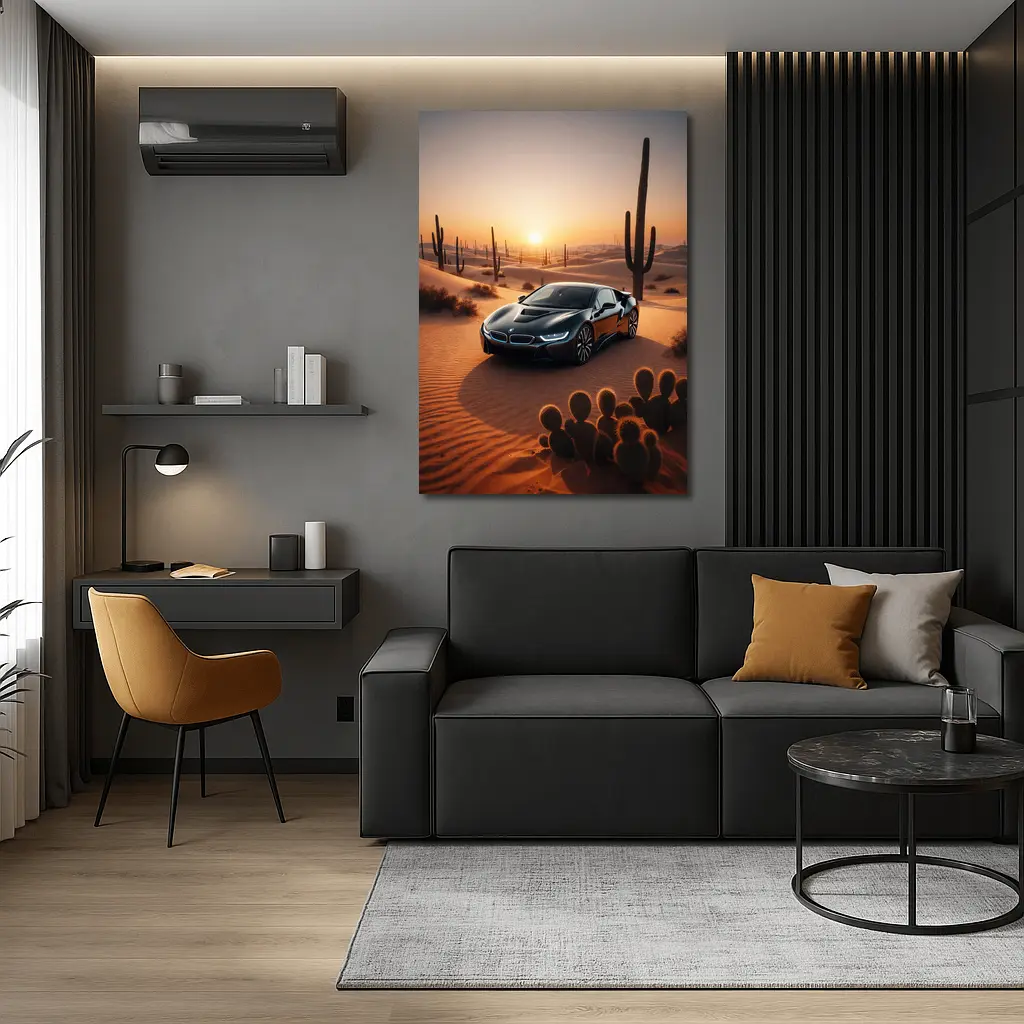 BMW i8 Parked in Desert at Sunset – Wall Art