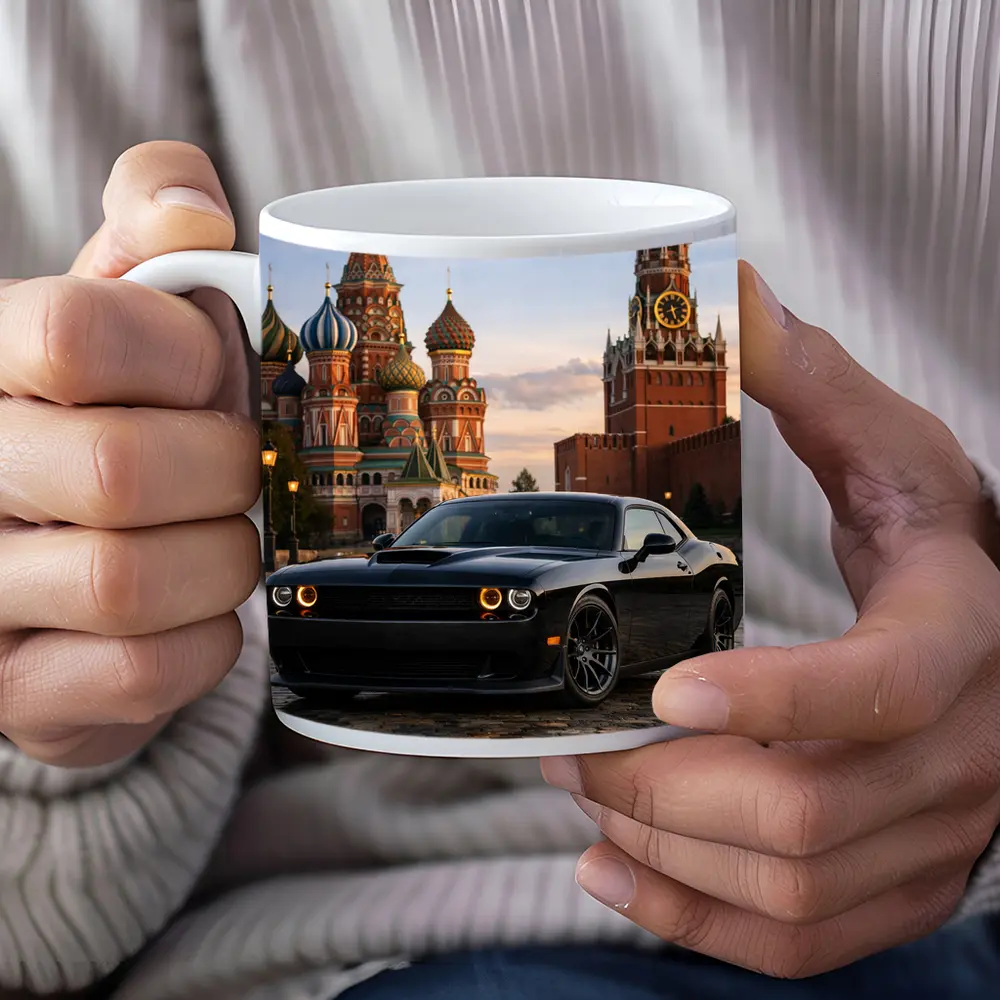 Dodge Challenger Black at Red Square Moscow – Mugs