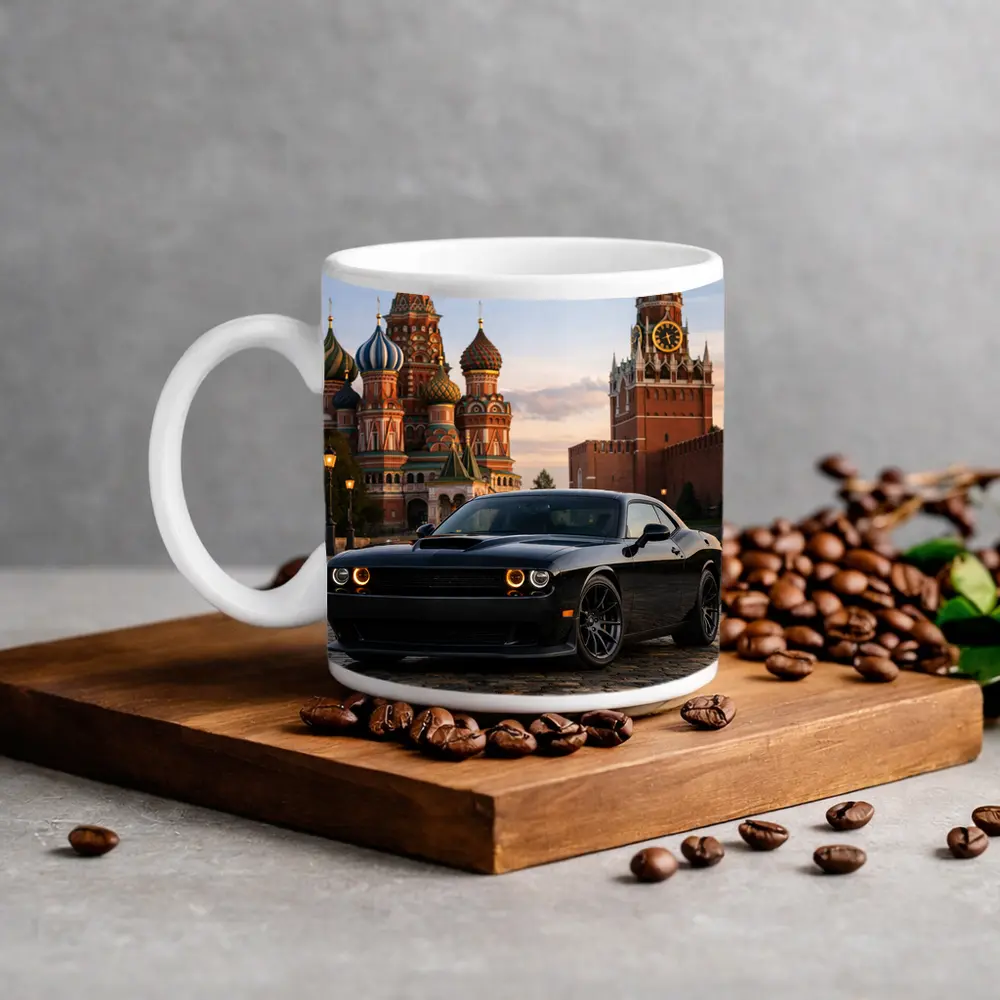 Dodge Challenger Black at Red Square Moscow – Mugs