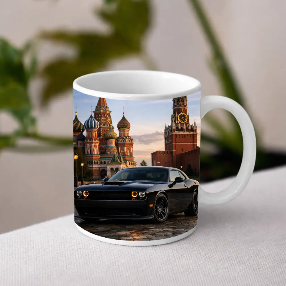 Dodge Challenger Black at Red Square Moscow – Mugs
