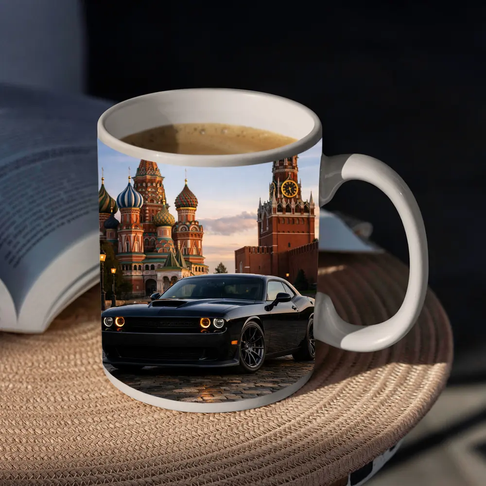 Dodge Challenger Black at Red Square Moscow – Mugs