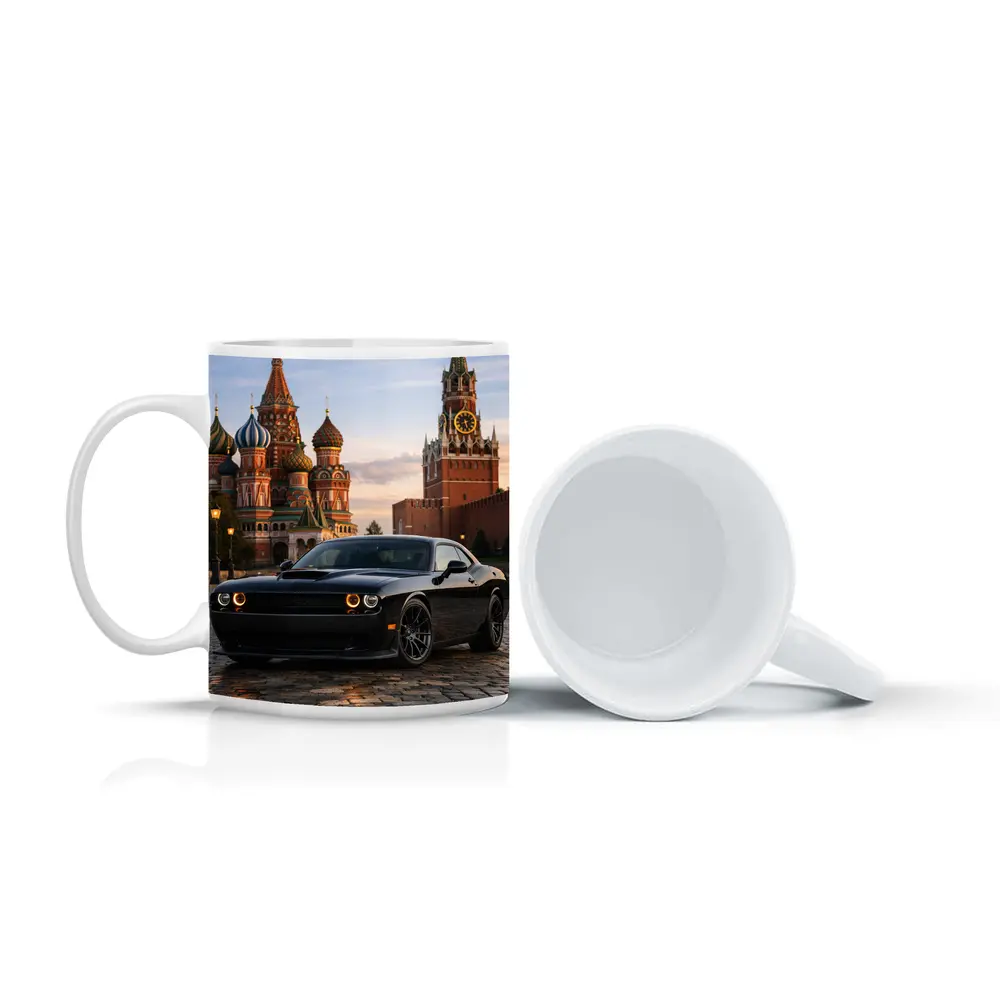 Dodge Challenger Black at Red Square Moscow – Mugs