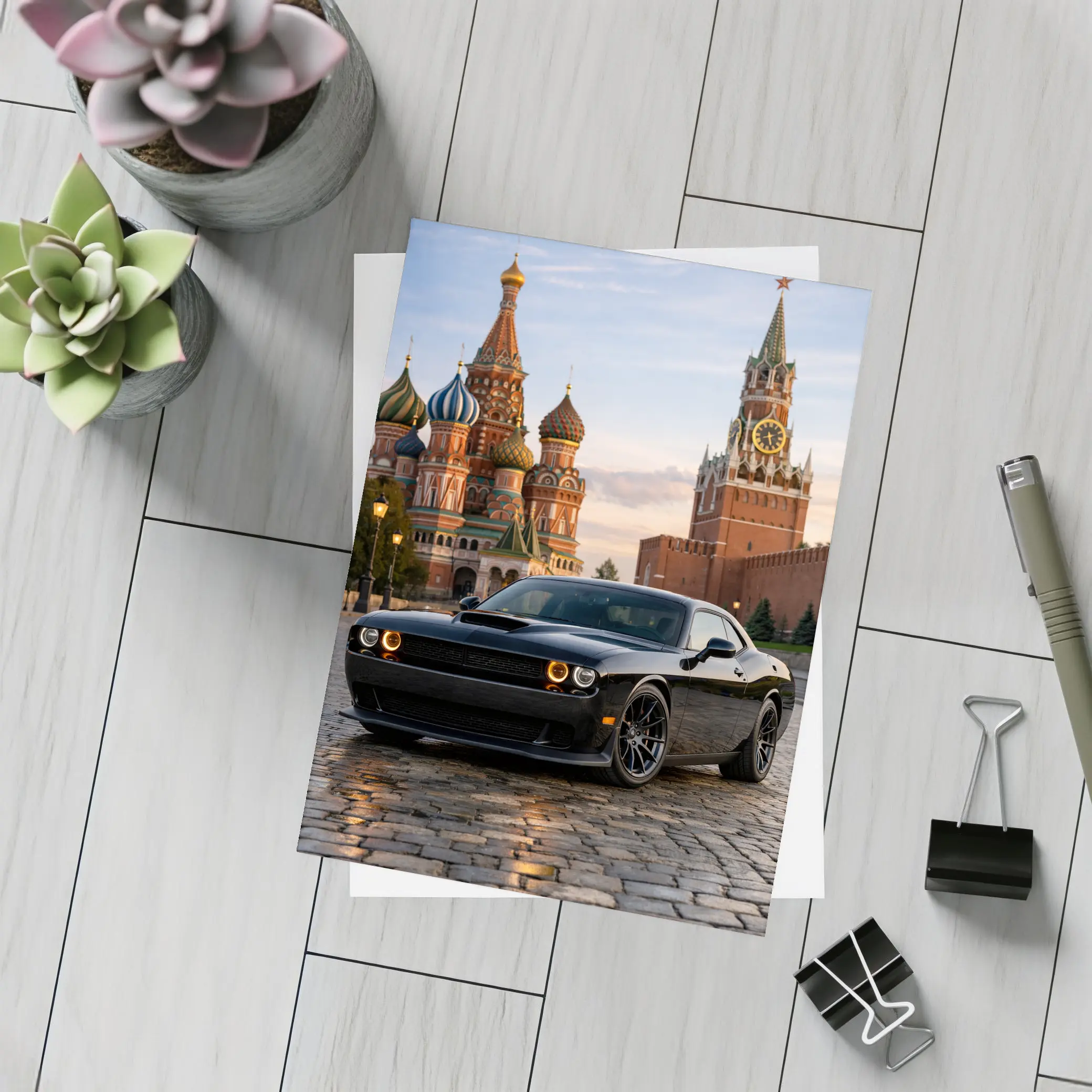 Dodge Challenger Black at Red Square Moscow – Postcards