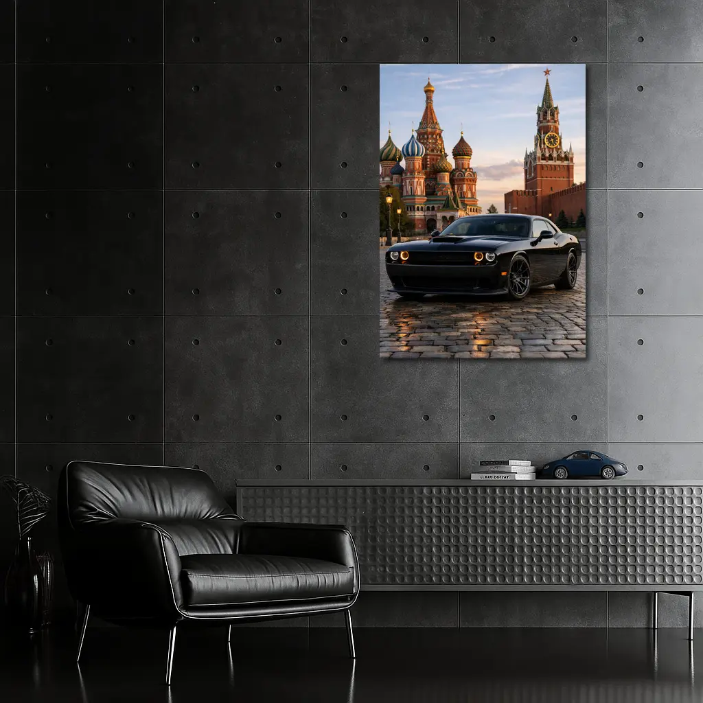 Dodge Challenger Black at Red Square Moscow – Wall Art