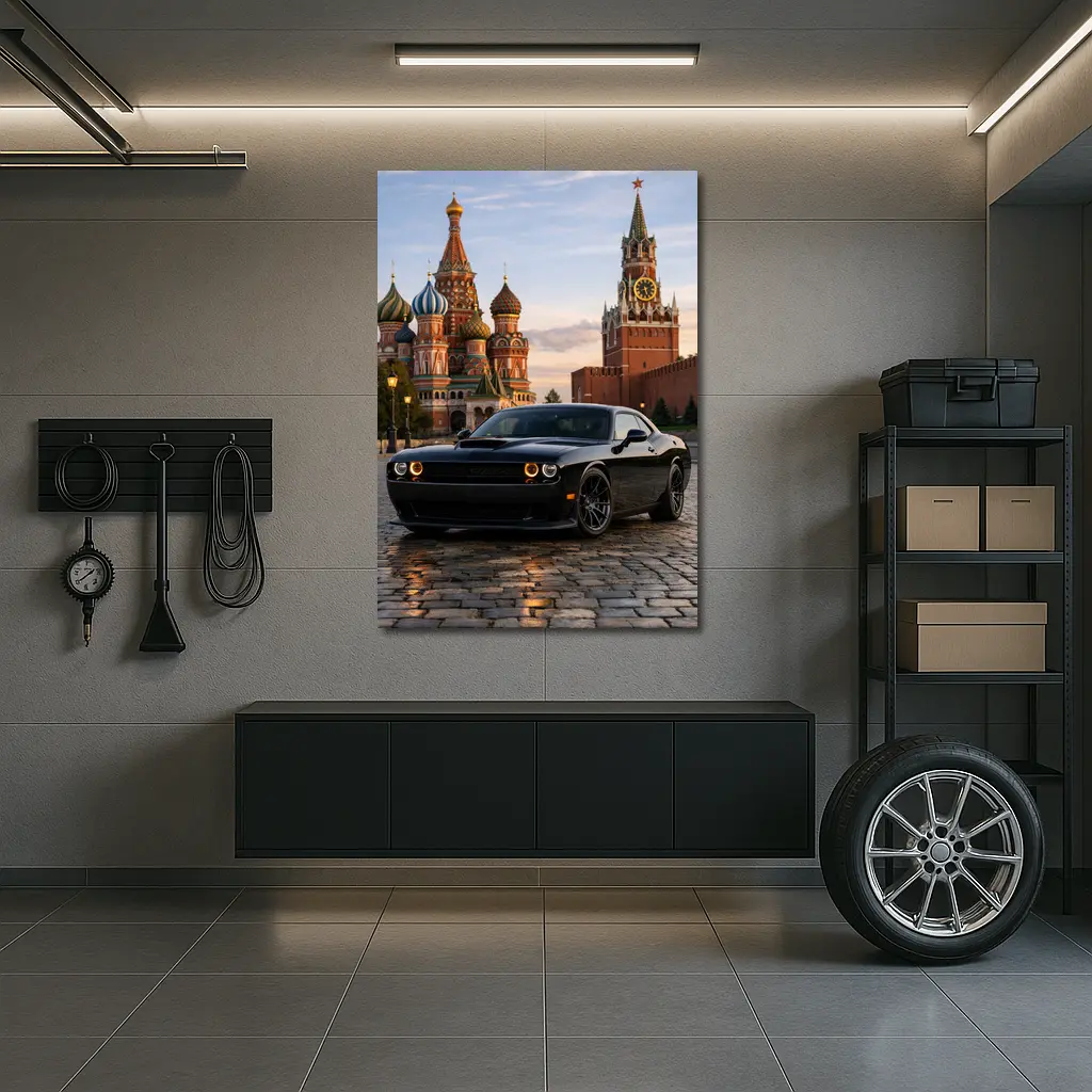 Dodge Challenger Black at Red Square Moscow – Wall Art