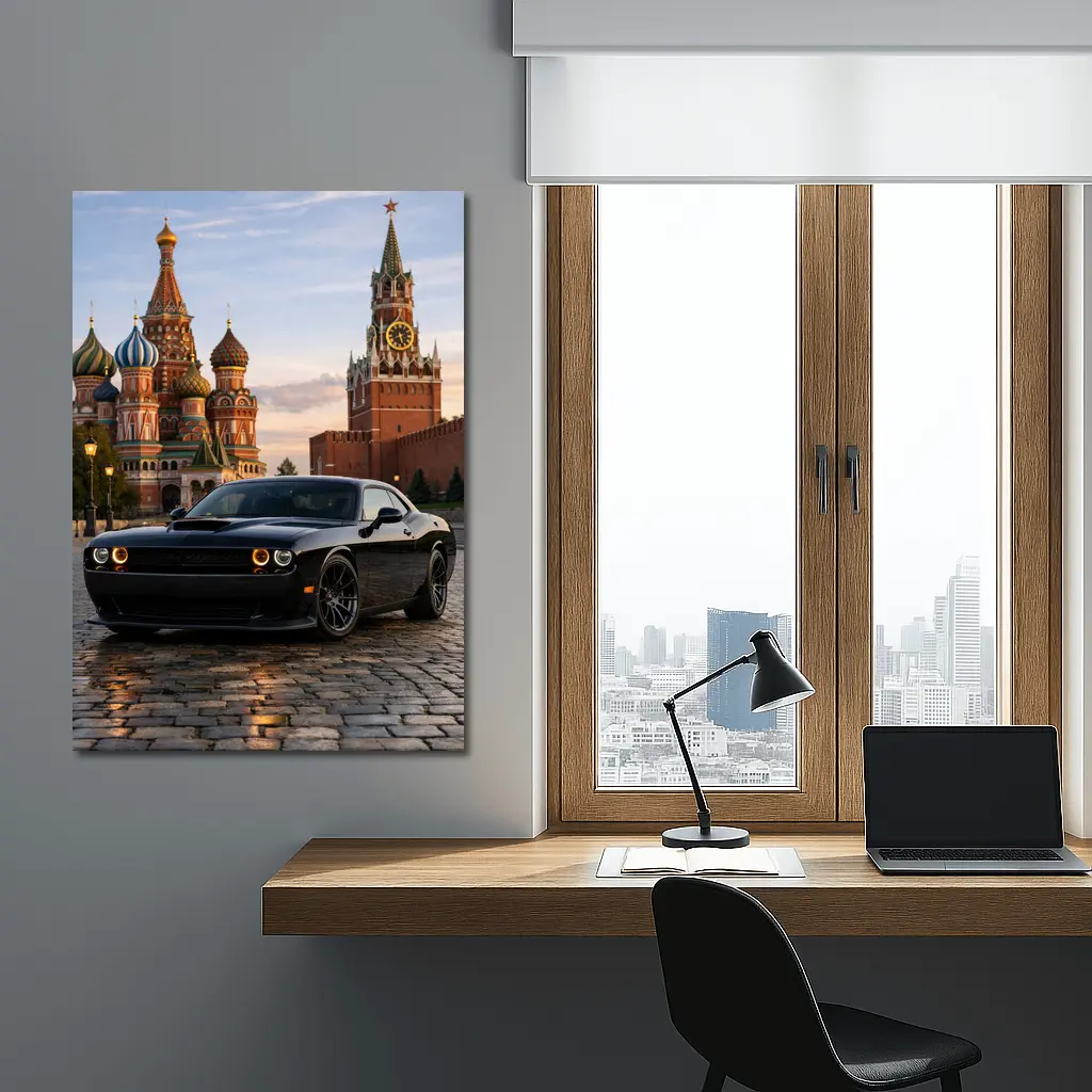 Dodge Challenger Black at Red Square Moscow – Wall Art