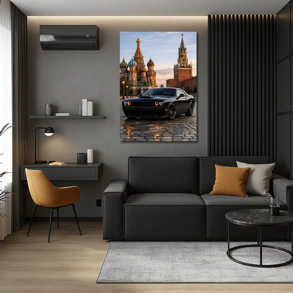 Dodge Challenger Black at Red Square Moscow – Wall Art
