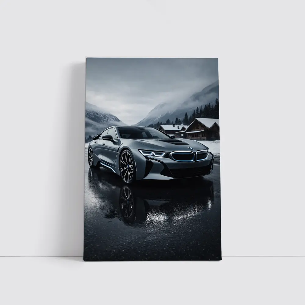 BMW i8 Parked on Wet Winter Road – Wall Art