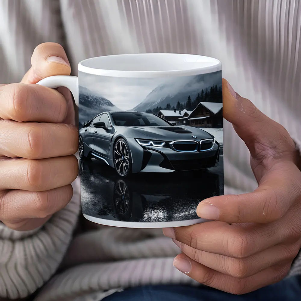 BMW i8 Parked on Wet Winter Road – Mugs