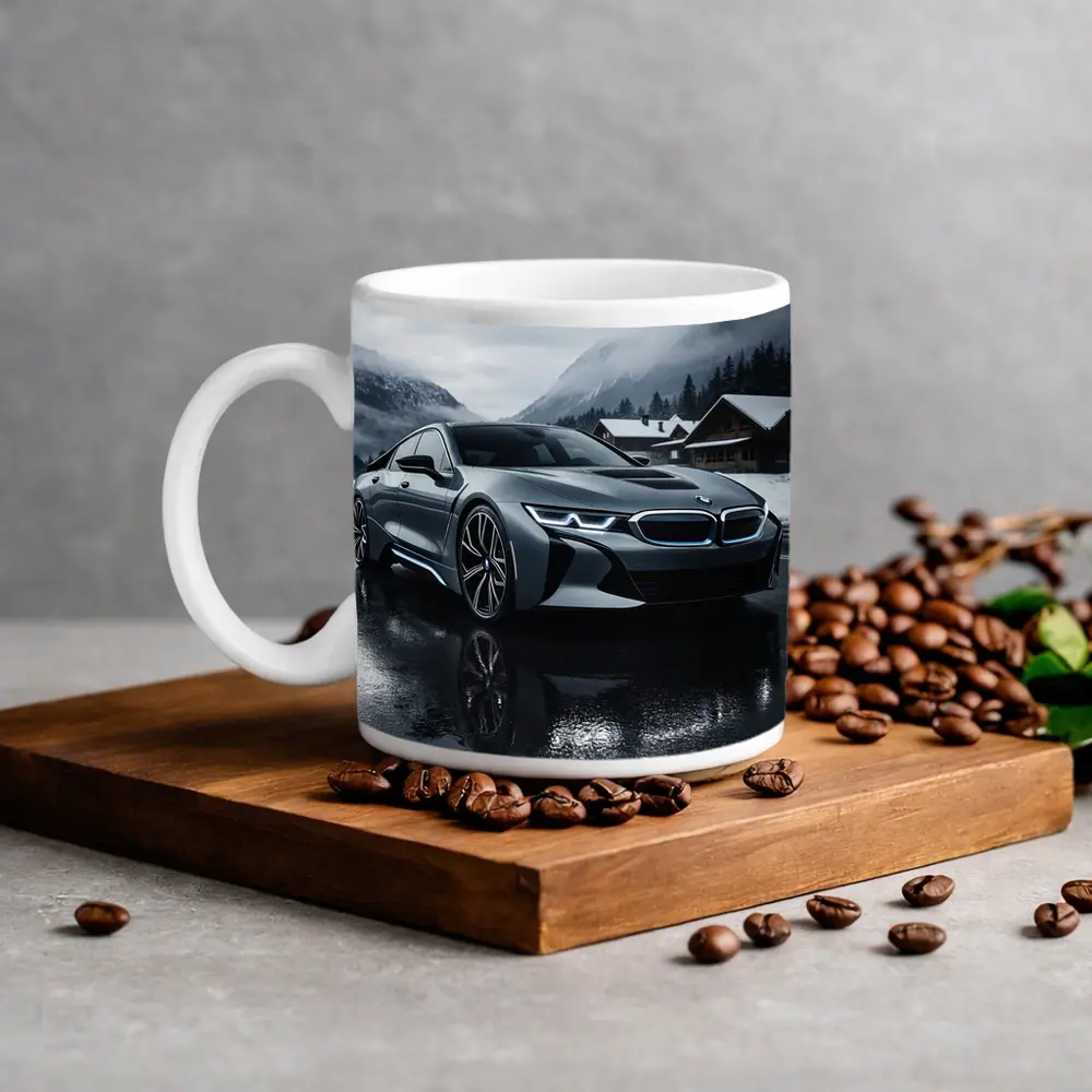 BMW i8 Parked on Wet Winter Road – Mugs