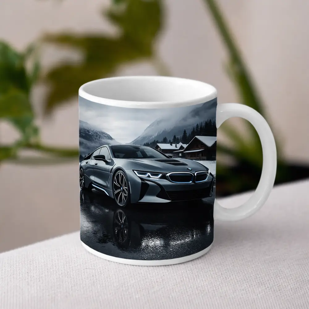 BMW i8 Parked on Wet Winter Road – Mugs