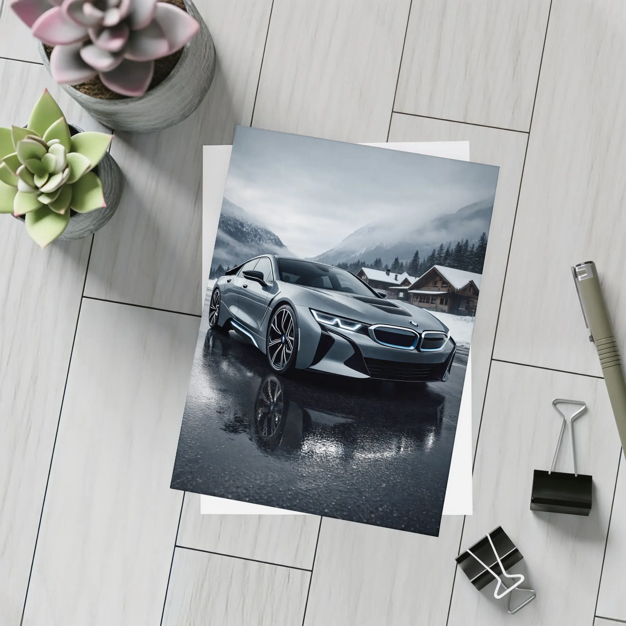 BMW i8 Parked on Wet Winter Road – Postcards