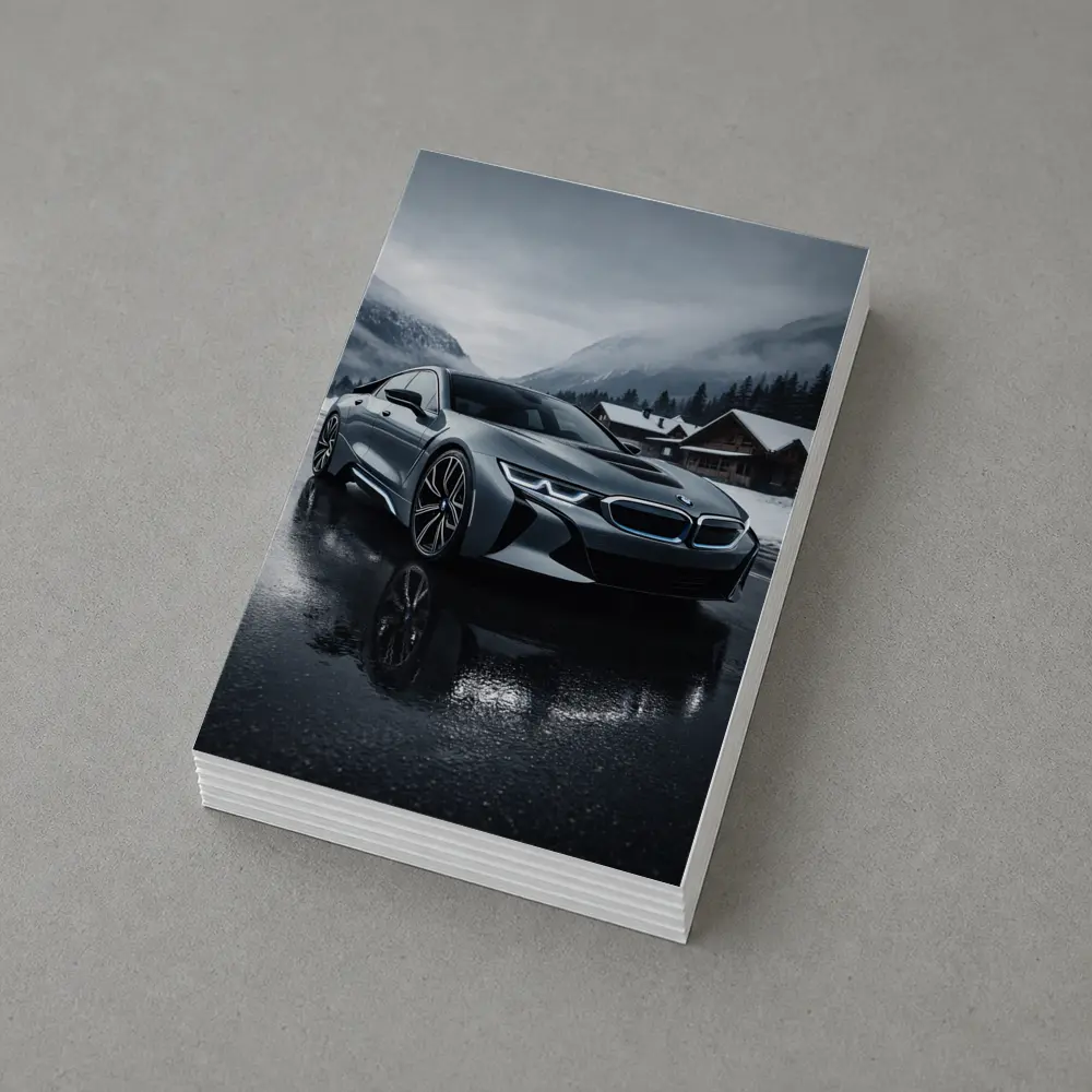 BMW i8 Parked on Wet Winter Road – Postcards
