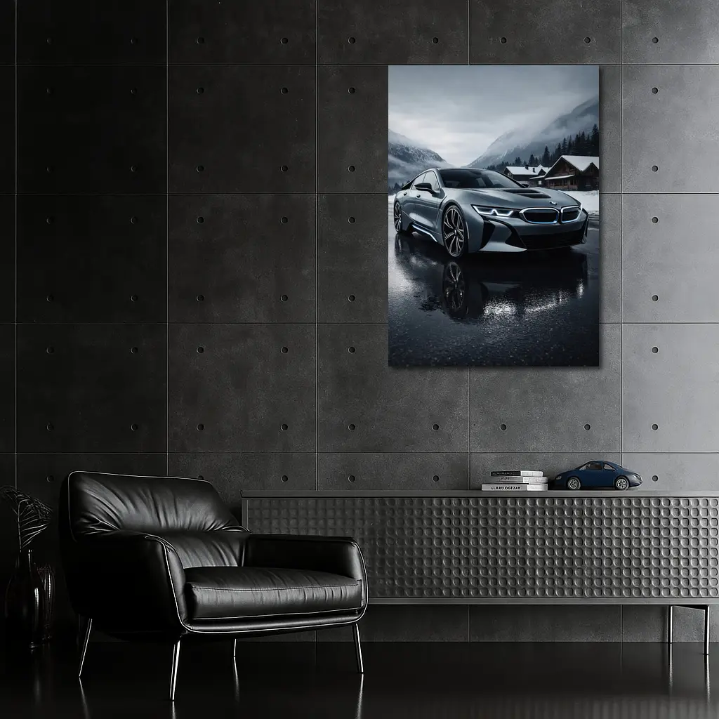 BMW i8 Parked on Wet Winter Road – Wall Art