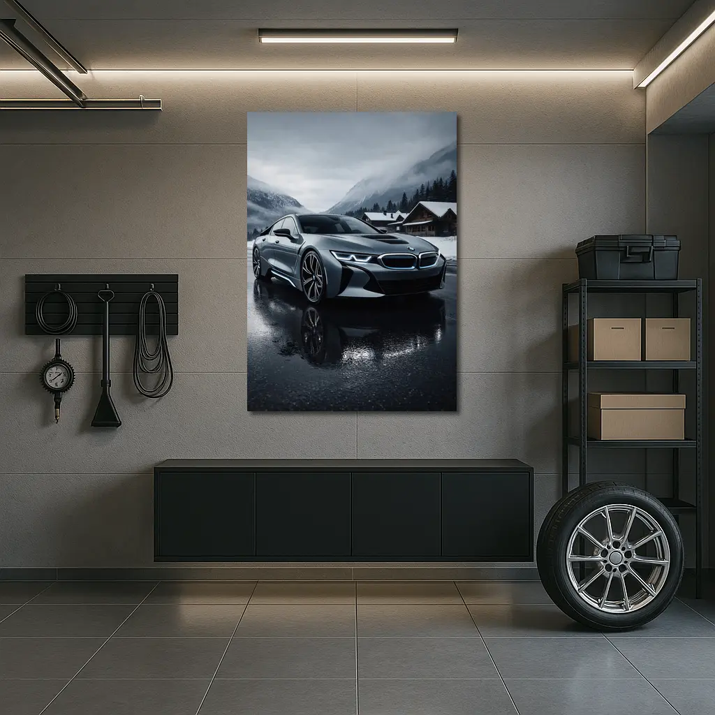 BMW i8 Parked on Wet Winter Road – Wall Art