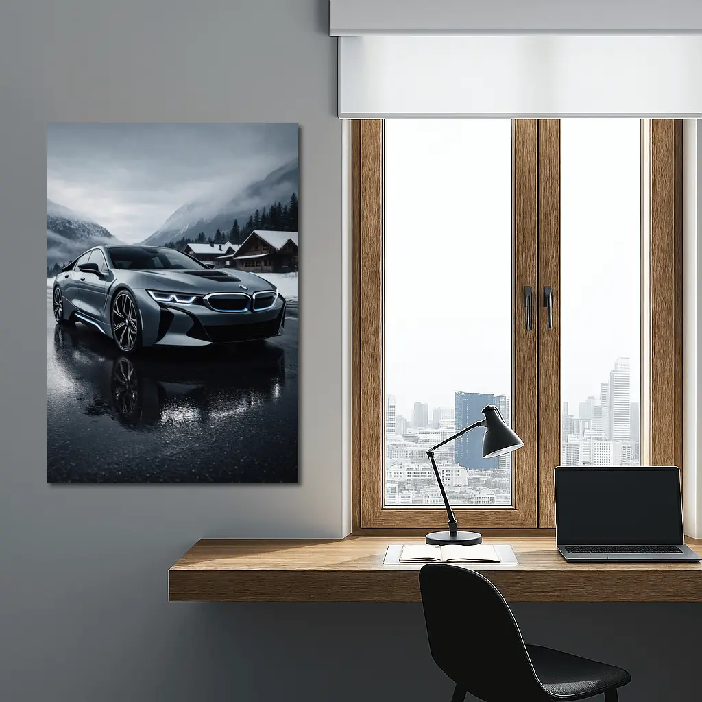 BMW i8 Parked on Wet Winter Road – Wall Art