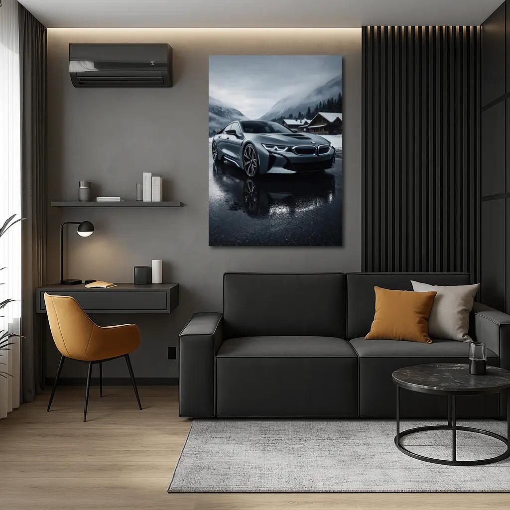 BMW i8 Parked on Wet Winter Road – Wall Art