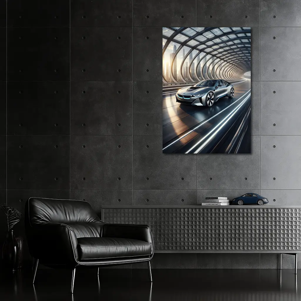BMW i8 Driving Through Futuristic Glass Tunnel – Wall Art