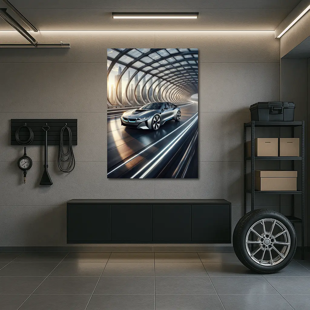 BMW i8 Driving Through Futuristic Glass Tunnel – Wall Art