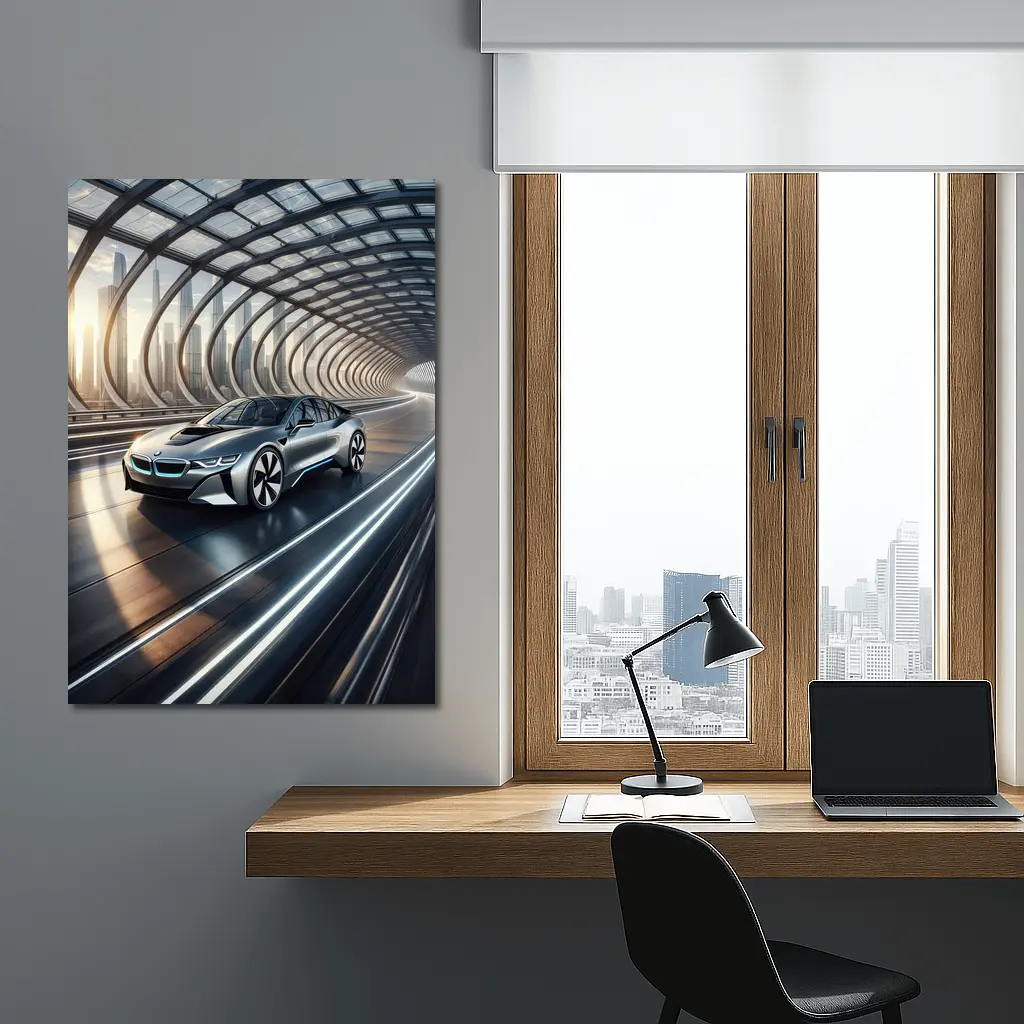BMW i8 Driving Through Futuristic Glass Tunnel – Wall Art