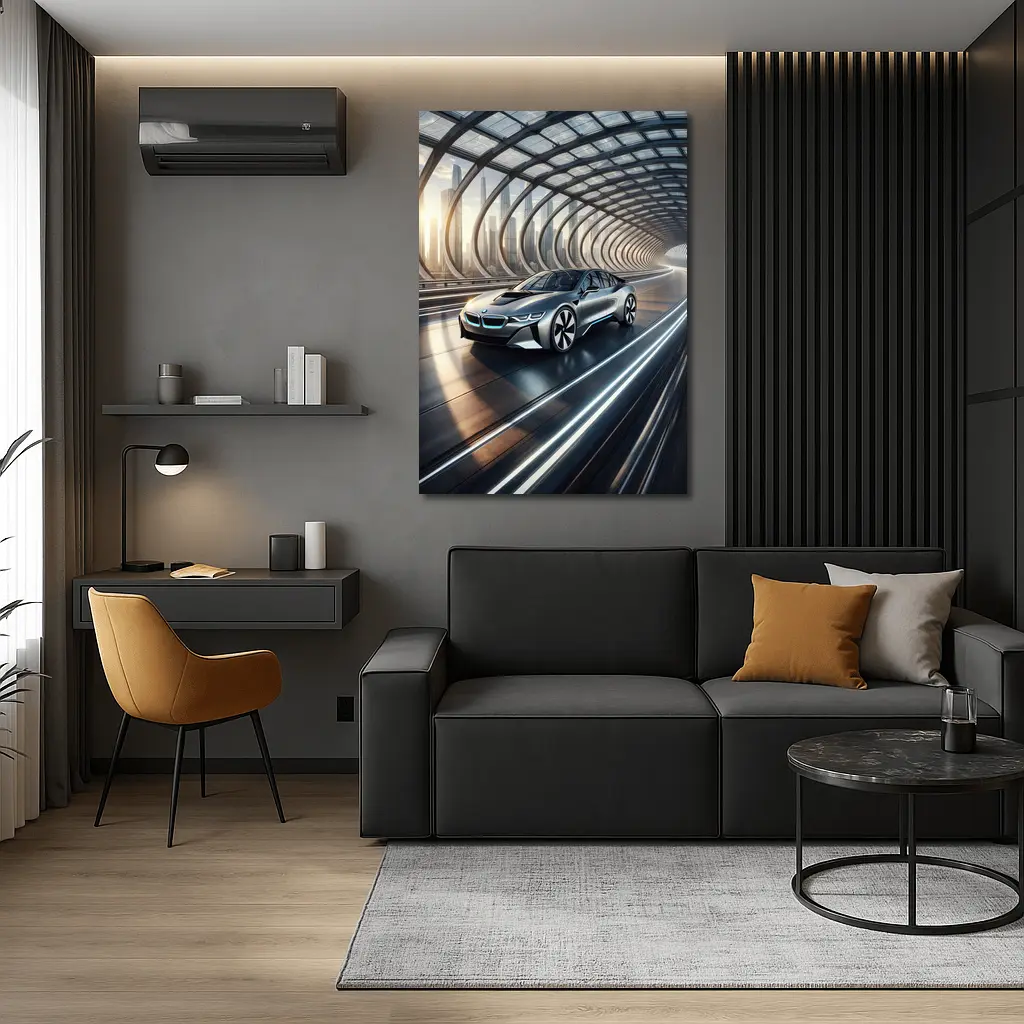 BMW i8 Driving Through Futuristic Glass Tunnel – Wall Art