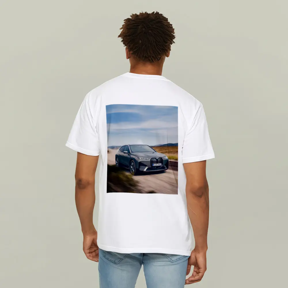 BMW iX Driving Dusty Desert Road – T-Shirts